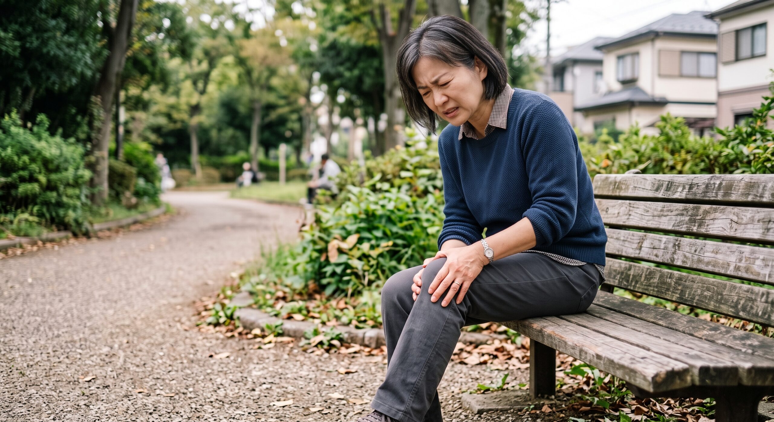 膝の痛みを訴える中高年女性、膝に手を当てている様子